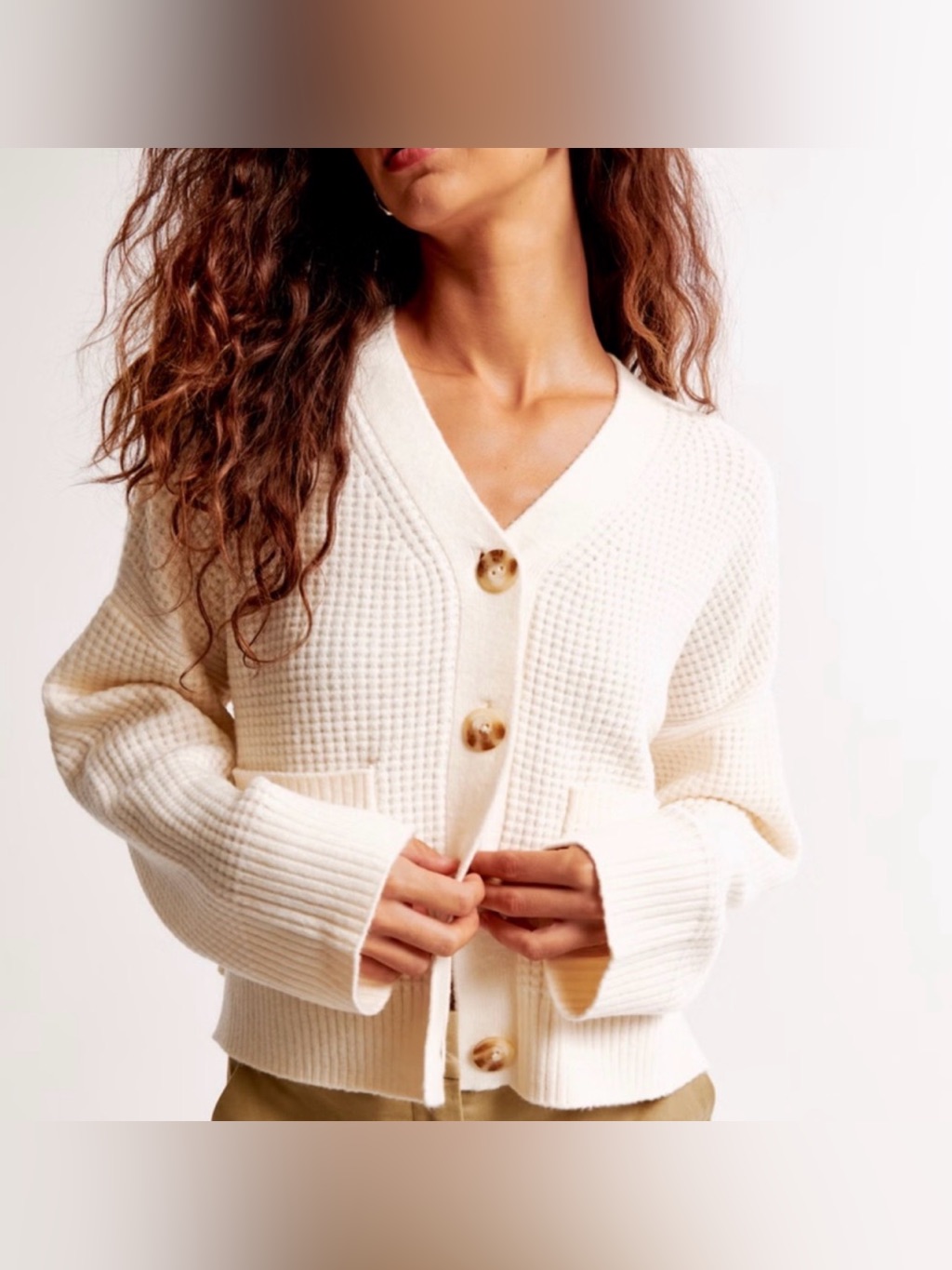 Abercrombie & Fitch Textured Cropped Cardigan Ivory Cream Xs Buttons